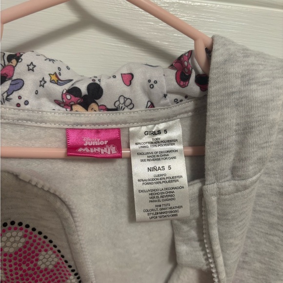 Disney Minnie Mouse Zip Hoodie Girls 5 Gray Pink Polka Dot Bow Full Zip Jacket - Picture 3 of 5